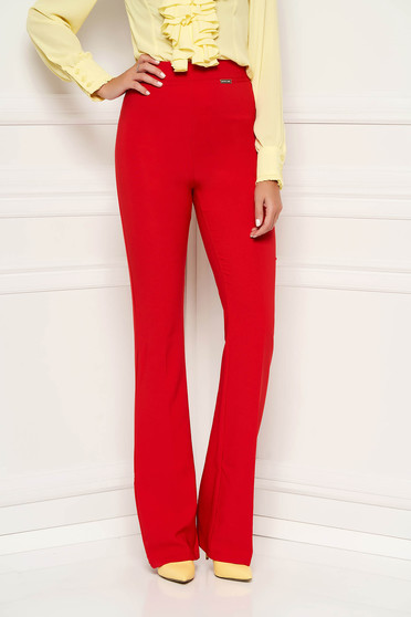 Pantaloni PrettyGirl rosii eleganti evazati cu talie inalta din material neelastic