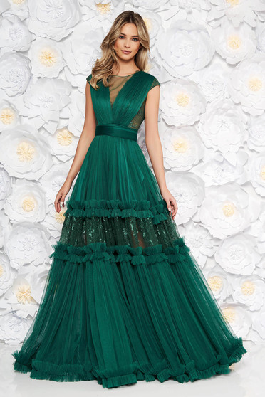 Rochie Ana Radu verde-inchis de ocazie in clos cu decolteu in v cu aplicatii de dantela accesorizata cu cordon