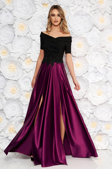 Rochie Artista mov de ocazie in clos pe umeri din material satinat cu insertii de broderie