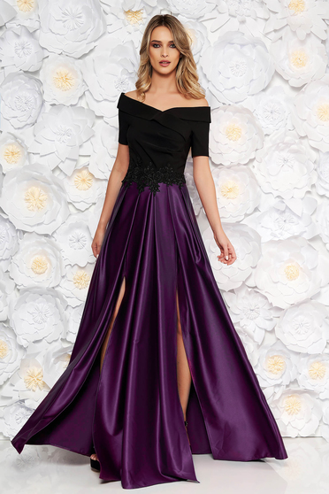 Rochie Artista mov de ocazie in clos pe umeri din material satinat cu insertii de broderie
