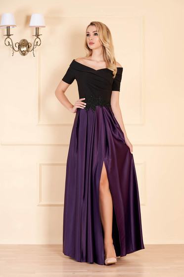 Rochie Artista mov de ocazie in clos pe umeri din material satinat cu insertii de broderie