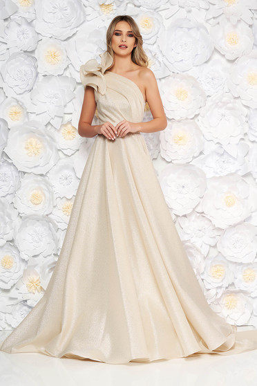 Freshman prom dresses, Ana Radu gold luxurious cloche dress nonelastic fabric with metallic aspect with inside lining with ruffle details - StarShinerS.com