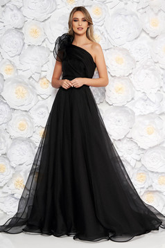 Black tulle dress with a-line cut on the shoulder accessorized with cord - Ana Radu