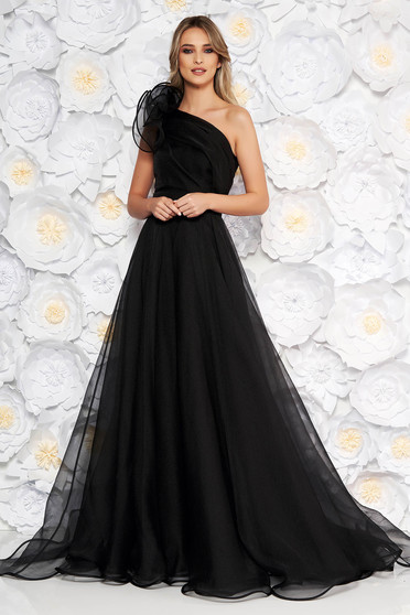 Luxus ruhák, Fekete Ana Radu luxus egy vállas deréktól bővülő szabású ruha béléssel övvel ellátva - StarShiner.hu