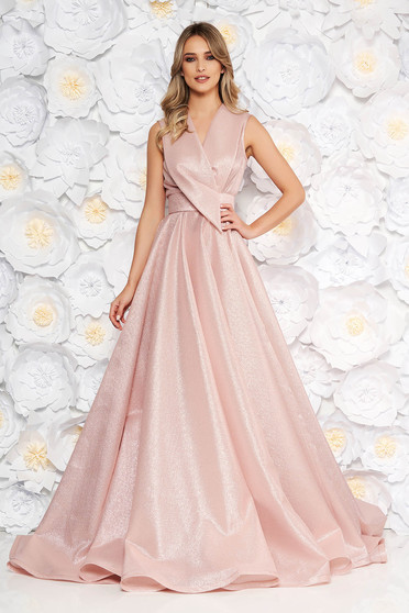 Luxus ruhák, Rózsaszínű Ana Radu alkalmi hosszú harang ruha v-dekoltázzsal - StarShiner.hu