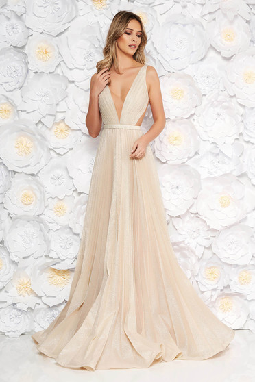 Evening dresses, Ana Radu gold occasional long folded up cloche dress accessorized with tied waistband - StarShinerS.com