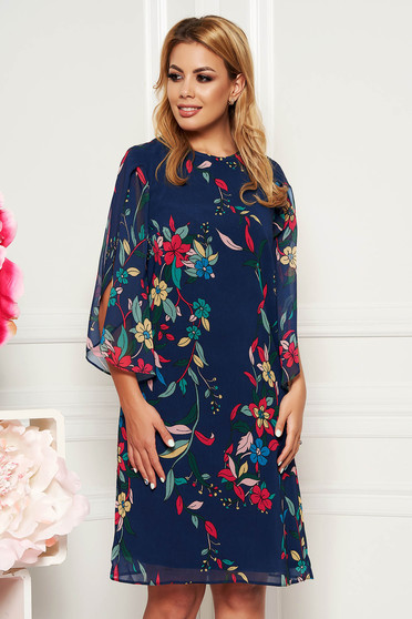 Rochie albastra-inchis eleganta cu croi larg cu maneca 3/4 din voal cu imprimeuri florale