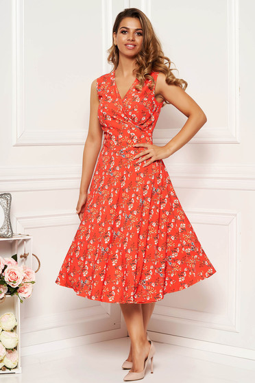 Rochie portocalie de zi in clos cu decolteu in v din material fin la atingere cu imprimeuri florale