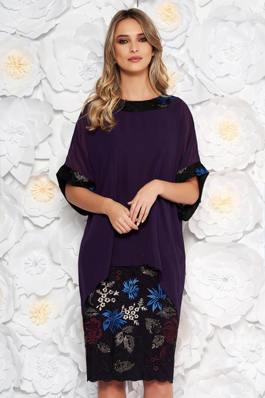Compleu mov elegant cu rochie cu un croi drept suprapunere cu voal cu insertii de broderie