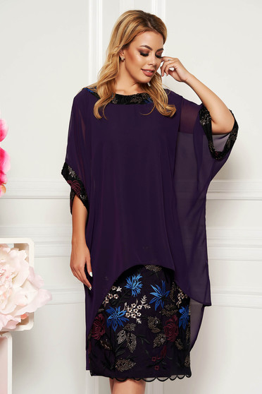 Compleu mov elegant cu rochie cu un croi drept suprapunere cu voal cu insertii de broderie