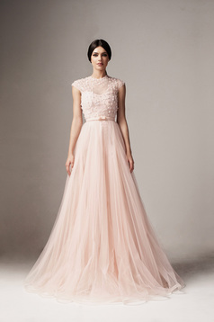 Ana Radu lightpink occasional from tulle cloche dress with floral details accessorized with tied waistband