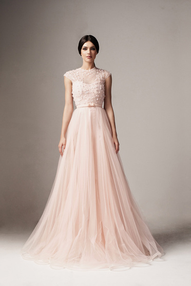 Ana Radu lightpink occasional from tulle cloche dress with floral details accessorized with tied waistband