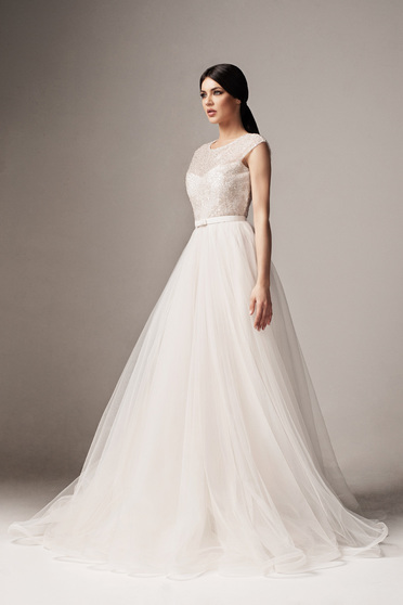Civil wedding dresses, White tulle flared dress with bead applications - Ana Radu - StarShinerS.com