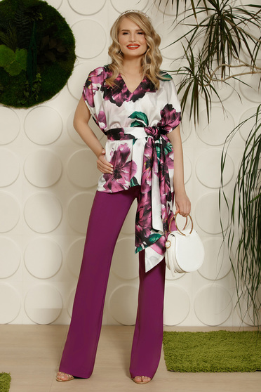 Pantaloni PrettyGirl mov eleganti evazati cu talie inalta din material neelastic