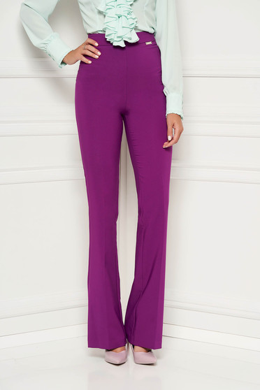 Pantaloni PrettyGirl mov eleganti evazati cu talie inalta din material neelastic
