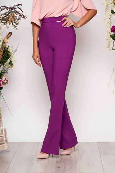 Pantaloni PrettyGirl mov eleganti evazati cu talie inalta din material neelastic