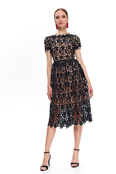Rochie Top Secret albastra-inchis de ocazie in clos din dantela cu maneci scurte