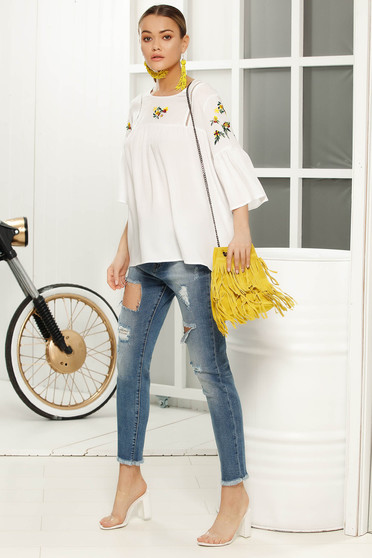 Bluza dama alba casual cu croi larg cu maneca 3/4 din material vaporos