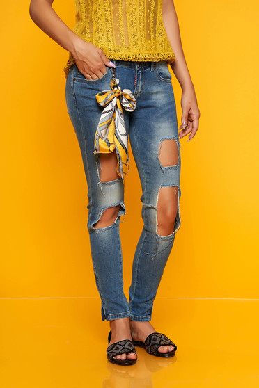 Blugi albastri casual skinny cu rupturi cu talie medie din bumbac