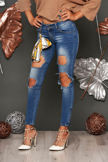 Blugi albastri casual skinny cu rupturi cu talie medie din bumbac