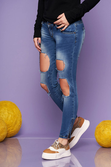 Blugi albastri casual skinny cu rupturi cu talie medie din bumbac