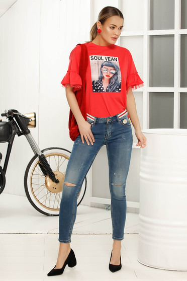 Blugi albastri skinny cu talie medie din bumbac usor elastic