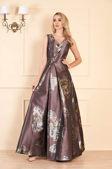 Rochie Artista maro de ocazie in clos cu decolteu in v cu imprimeu floral