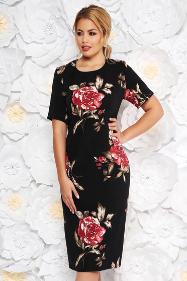 Rochie neagra eleganta cu un croi mulat cu maneca scurta din material fin la atingere cu imprimeuri florale