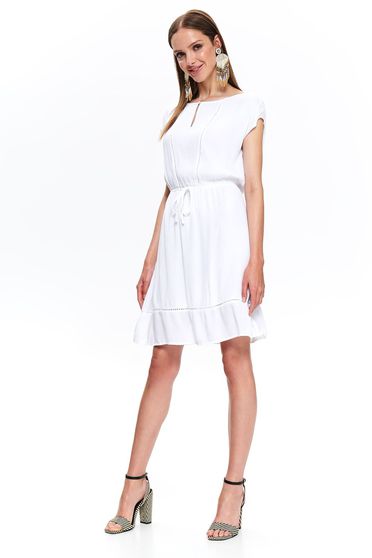 Rochie Top Secret alba de zi in clos din material vaporos cu snur in talie cu volanase la baza rochiei