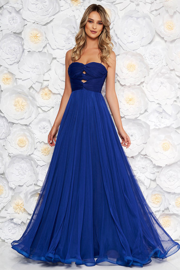Rochie Ana Radu albastra de lux din tul captusita pe interior cu bust buretat cu umeri goi