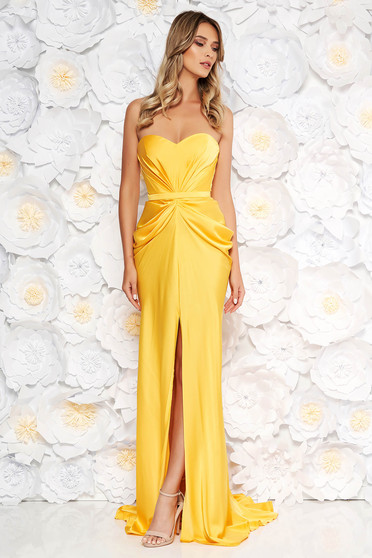 Ana Radu luxurious off shoulder dress from satin fabric texture with push-up bra accessorized with tied waistband yellow