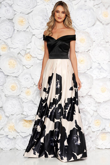 Rochie Artista neagra de ocazie lunga in clos cu umeri goi din material satinat