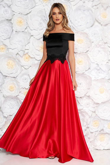 Rochie Artista rosie de ocazie in clos din material satinat cu umeri goi detalii handmade