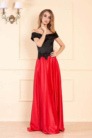 Rochie Artista rosie de ocazie in clos din material satinat cu umeri goi detalii handmade