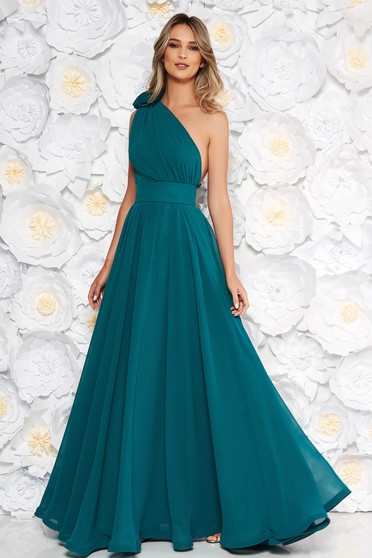 Rochie Ana Radu verde petrol de lux lunga in clos din voal captusita pe interior accesorizata cu cordon