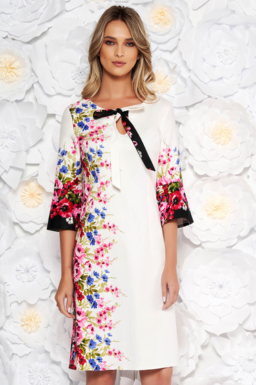 Rochie alba de zi cu croi in a din bumbac cu imprimeu floral cu maneci trei-sferturi