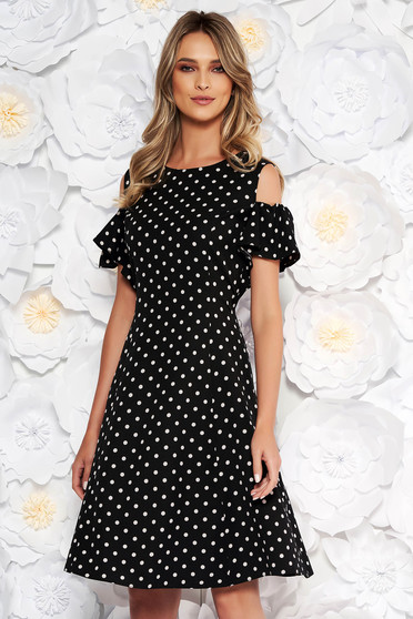 Black daily cloche dress slightly elastic fabric with dots print both shoulders cut out