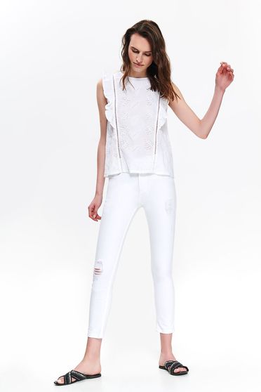 Pantaloni Top Secret albe casual cu talie inalta din bumbac usor elastic