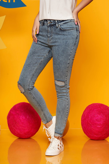 Blugi Top Secret albastri deschis casual cu talie medie din bumbac cu rupturi