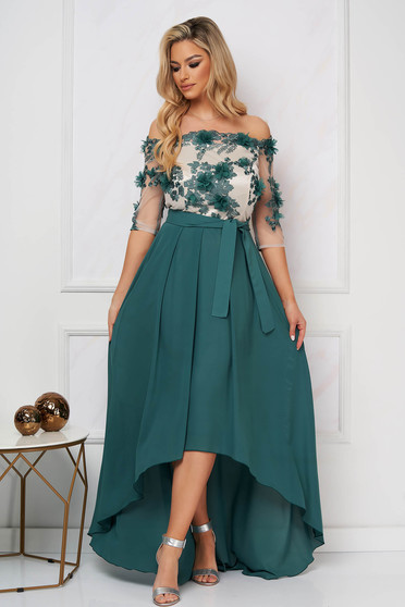 Veil dresses, StarShinerS green occasional asymmetrical cloche dress accessorized with tied waistband - StarShinerS.com