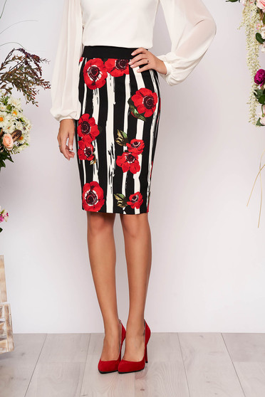 Fusta Fofy neagra cu accente rosii office midi cu un croi mulat din material elastic cu talie inalta