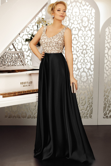 Rochie Fofy neagra de ocazie in clos din satin cu paiete fara maneci