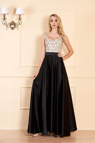 Rochie Fofy neagra de ocazie in clos din satin cu paiete fara maneci cu decolteu in v