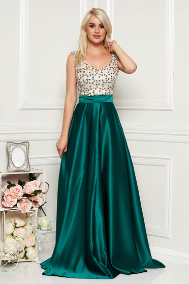 Rochie Fofy verde-inchis de ocazie in clos din satin cu paiete fara maneci