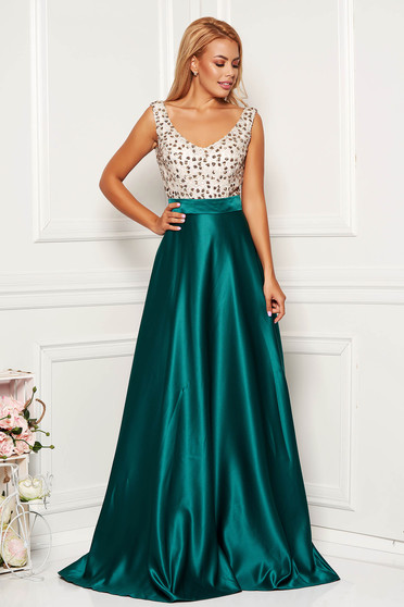 Rochie Fofy verde-inchis de ocazie in clos din satin cu paiete fara maneci cu decolteu in v