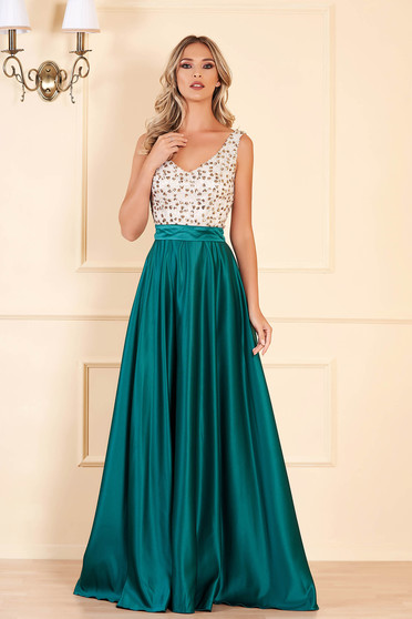 Rochie Fofy verde-inchis de ocazie in clos din satin cu paiete fara maneci cu decolteu in v