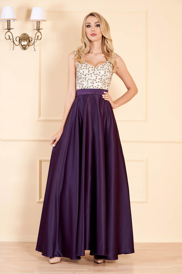 Rochie Fofy mov de ocazie in clos din satin cu paiete fara maneci cu decolteu in v