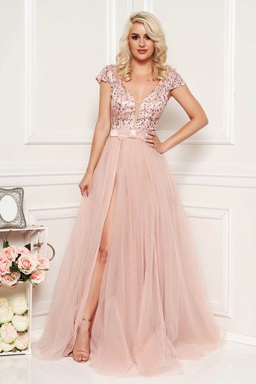 Rochie Artista roz prafuit de ocazie lunga in clos cu spatele gol cu bust buretat