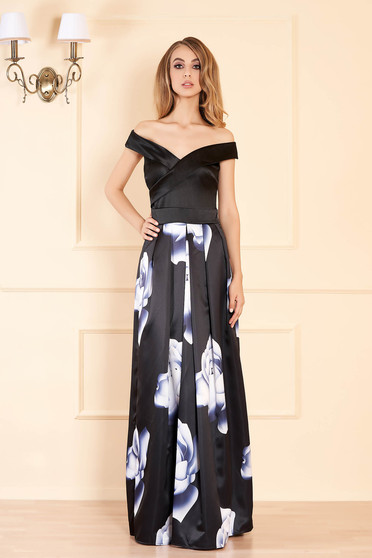 Rochie Artista gri-inchis de ocazie lunga in clos cu umeri goi din material satinat