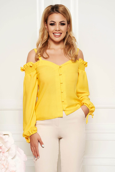 Bluza dama StarShinerS galbena cu decolteu in v cu maneci lungi din material vaporos